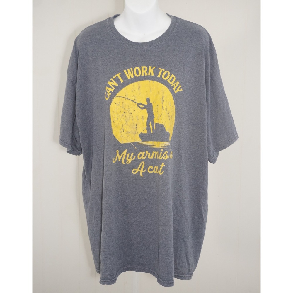 Gildan 2XL Gray Fishing Graphic T-Shirt Can't Work Today Funny Tee